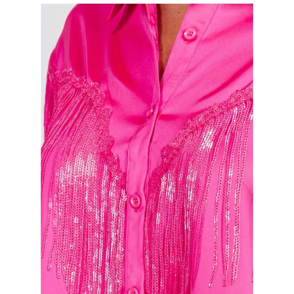FANTASTIC FAWN Button down sequin fringe top S M L - Picture 5 of 10